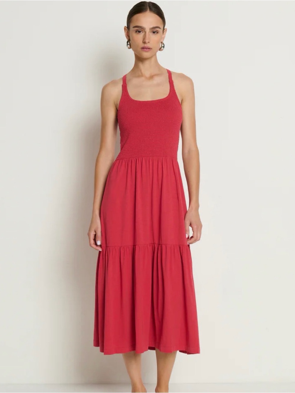 Nation LA Penelope Smocked Midi Dress in Heartbeat Red - Med